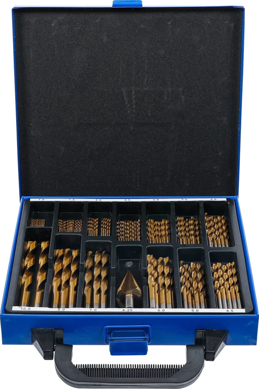 Set spiralnih in stopničastih svedrov, HSS, titanov nitrid, 1 - 10 mm, 119-delni