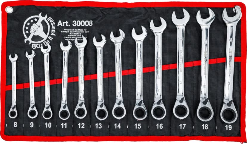 Set račnastih kombiniranih ključev, preklopen, 8 - 19 mm, 12-delni