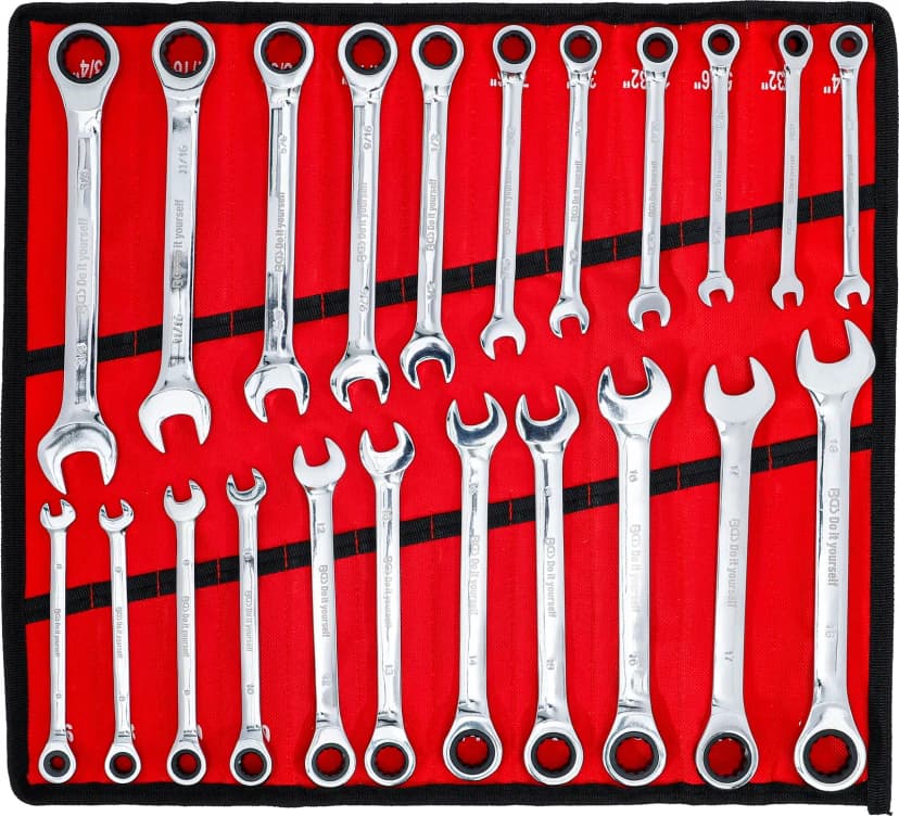 Set račnastih kombiniranih ključev, metrične / palčne velikosti, 22-delni