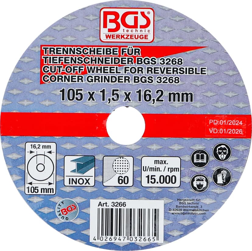 Rezalna plošča za BGS preklopni kotni brusilnik, Ø 105 x 1.5 x 16.2 mm
