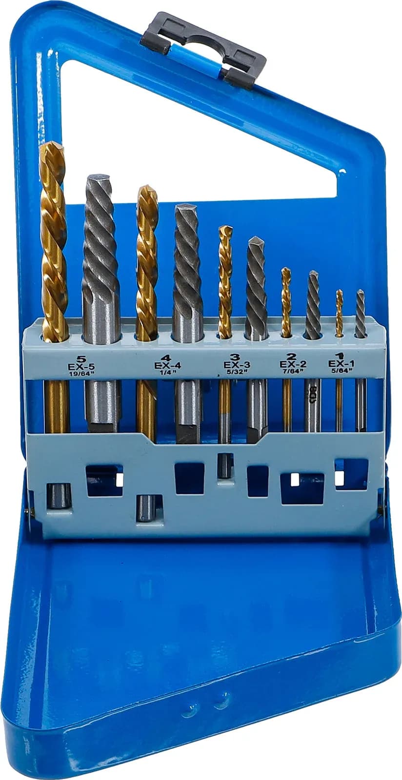 Set izvlekačev vijakov in levosučnih svedrov, HSS, titanov nitrid, 2 - 7.5 mm, 10-delni