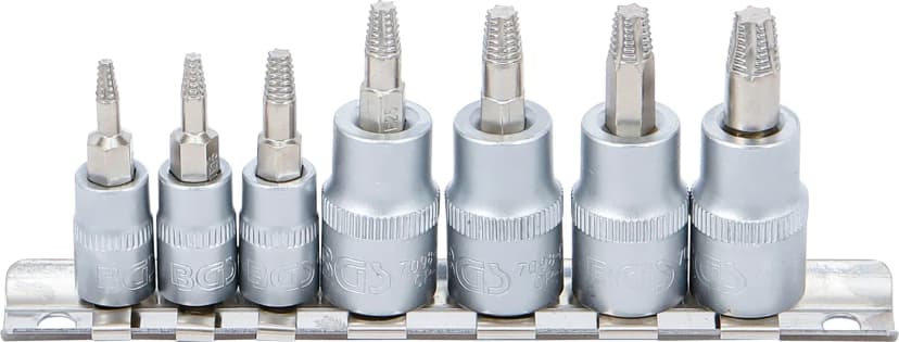 Set nasadnih ključev z izvlekači vijakov, pogon 6.3 mm (1/4") / 10 mm (3/8"), za poškodovan T-profil (za Torx) T10 - T40, 7-delni