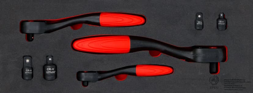 Set preklopne raglje in adapterjev, fino ozobje, 6.3 mm (1/4") - 10 mm (3/8") - 12.5 mm (1/2"), 7-delni