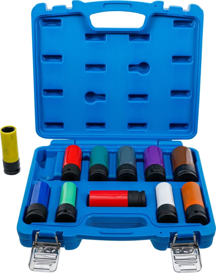 Set zaščitnih udarnih nasadnih ključev, pogon 12.5 mm (1/2"), 15 - 27 mm in posebne matice koles, 11-delni