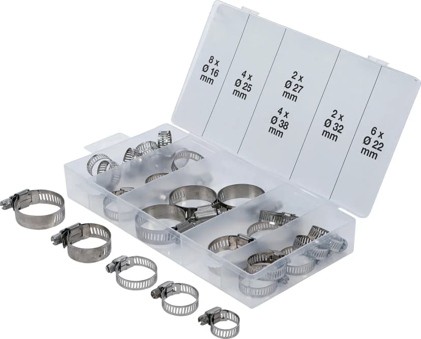 Set cevnih sponk, nerjaveč, Ø 16 - 38 mm, 26-delni